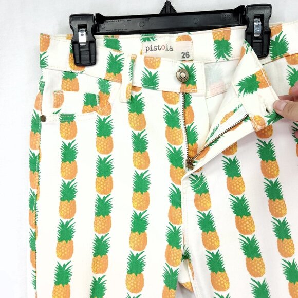 Pistola Skinny Jeans Size 26 Pineapple All Over Print Cropped Raw Fray Hem - Picture 8 of 14